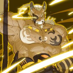  1boy arm_up armpits aura bara bodypaint broken_horn dark-skinned_male dark_skin demon_boy dragalia_lost electricity electrokinesis eye_trail facial_hair fighting_stance frown gradient_horns grin highres horns kai_yan_(dragalia_lost) large_pectorals light_trail long_mustache looking_at_viewer low_ponytail male_focus mask_over_one_eye mature_male moustache multicolored_horns muscular muscular_male old old_man oni pectorals piikeisandaa scar scar_on_arm skin-covered_horns smile solo strongman_waist thick_arms thick_mustache v-shaped_eyebrows yellow_aura 