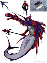  1boy abs absurdres adapted_costume full_body harpoon highres holding holding_weapon horns large_horns male_focus marvel merman miguel_o&#039;hara monster_boy monsterification muscular muscular_male navel print_bodysuit reference_inset sailfish single_horn solo spider-man:_across_the_spider-verse spider-man_(2099) spider-man_(series) spider-verse superhero_costume two-tone_bodysuit weapon yingou_li_de_wenyi_zhi_yuan 