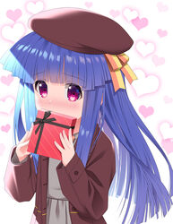  beret blue_hair blunt_bangs blush box brown_hat brown_jacket commentary_request covered_mouth female furude_rika gaou_(babel) gift gift_box grey_shirt grey_skirt hands_up hat heart heart_background heart_in_eye higurashi_no_naku_koro_ni holding holding_gift jacket long_hair looking_at_viewer nose_blush open_clothes open_jacket pleated_skirt red_eyes shirt skirt solo symbol_in_eye valentine very_long_hair white_background 