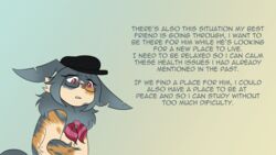  16:9 announcement beret blue_hair calico_pattern clothing dialogue eeveelution english_text eyewear female feral generation_4_pokemon glasses hair hat headgear headwear hi_res leafeon macchiato_fox nintendo pokemon pokemon_(species) solo suzette_(macchiato_fox) text widescreen 