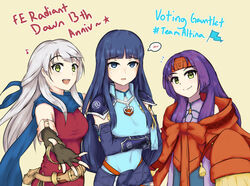  3girls :d altina_(fire_emblem) ancestor_and_descendant anniversary arm_guards armor bangle belt black_gloves black_pantyhose blue_eyes blue_hair blue_scarf bracelet copyright_name covered_navel dress elbow_gloves fire_emblem fire_emblem:_radiant_dawn fire_emblem_heroes gloves hair_ribbon half_updo headband highres hime_cut jewelry long_hair long_sleeves looking_at_viewer micaiah_(fire_emblem) mini_flag multiple_girls musical_note open_mouth outstretched_arm oversized_clothes pantyhose poiramee purple_hair red_headband ribbon sanaki_kirsch_altina scarf shoulder_armor side_slit simple_background sleeveless sleeveless_dress smile sweatdrop turtleneck white_hair wide_sleeves yellow_eyes 