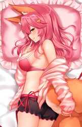  animal_ear_fluff animal_ears bare_shoulders black_shorts blush bra breasts closed_mouth fate/extra fate_(series) female fox_ears fox_girl fox_tail hair_ornament highres index_finger_raised jacket large_breasts licking_lips long_hair long_sleeves looking_at_viewer looking_back lying off_shoulder official_alternate_costume on_stomach open_clothes open_jacket pillow pink_bra pink_hair pink_jacket short_shorts shorts shouu-kun smile solo striped_clothes striped_jacket tail tamamo_(fate) tamamo_no_mae_(fate/extra) tamamo_no_mae_(spring_casual)_(fate) thighs tongue tongue_out underwear yellow_eyes 