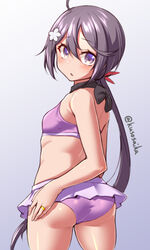  akebono_(kancolle) akebono_kai_ni_(swimsuit_mode)_(kancolle) ass bikini bikini_skirt blush breasts commentary_request cowboy_shot female flower from_behind grey_background hair_flower hair_ornament hand_on_own_ass highres jewelry kantai_collection long_hair looking_at_viewer looking_back open_mouth pink_bikini purple_eyes purple_hair ring side_ponytail simple_background small_breasts solo swimsuit twitter_username very_long_hair wedding_ring yuki_to_hana 