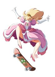  1-up_mushroom automatic_giraffe blonde_hair blue_eyes breasts commission crown dated dress elbow_gloves english_commentary female floating_hair gloves kickflip long_hair looking_down mario_(series) medium_breasts open_hands pink_dress pink_footwear princess princess_peach skateboarding solo v-shaped_eyebrows white_background white_gloves 