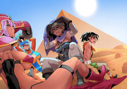  4girls armor bikini_armor black_hair blue_eyes blue_hair blue_sky boots breasts brown_hair cape commentary_request desert dragon_quest dragon_quest_iii earrings egyptian fighter_(dq3) hat heroine_(dq3) hot jewelry large_breasts multiple_girls neckerchief no_pants open_mouth orange_neckerchief pink_hair ponytail priest_(dq3) purple_cape pyramid_(structure) red_eyes sand shindol short_hair sideboob sitting sky small_breasts soldier_(dq3) strapless sun sweat tan toned tongue tube_top 