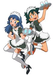  1boy alternate_costume apron black_eyes black_hair blue_eyes blue_hair crossdressing dawn_(pokemon) djmn_c enmaided female holding holding_tray jumping maid maid_apron open_mouth pokemon pokemon_(anime) pokemon_dppt_(anime) poses satoshi_(pokemon) simple_background smile source_request spiked_hair teeth tray upper_teeth_only white_background 