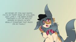  16:9 announcement beret blue_hair calico_pattern clothing dialogue eeveelution english_text eyewear female feral generation_4_pokemon glasses hair hat headgear headwear hi_res leafeon macchiato_fox nintendo pokemon pokemon_(species) solo suzette_(macchiato_fox) text widescreen 