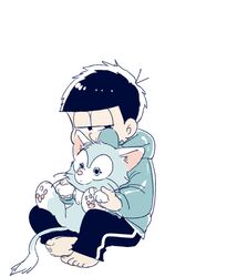  1boy bad_id bad_pixiv_id barefoot disney gelatoni half-closed_eyes holding holding_stuffed_toy hood hood_down hoodie jikuno limited_palette long_sleeves looking_at_viewer male_focus matsuno_ichimatsu messy_hair negative_space osomatsu-kun osomatsu-san osomatsu_(series) pants simple_background sitting solo stuffed_animal stuffed_toy sweatpants white_background 