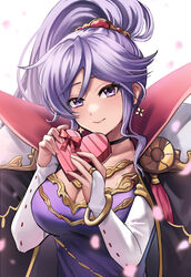  bow box box_of_chocolates breasts commission commissioner_upload earrings female fire_emblem fire_emblem:_genealogy_of_the_holy_war gloves highres holding holding_weapon ishtar_(fire_emblem) jewelry looking_at_viewer purple_eyes purple_hair smile weapon wszkii 