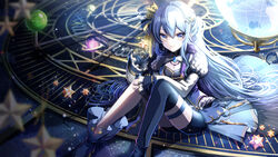  aquarius_(symbol) arm_strap astronomical_clock asymmetrical_legwear between_legs big_dipper black_footwear black_gloves black_pants black_thighhighs blue_eyes blue_hair blue_vest blurry blurry_foreground breasts camelopardalis_(constellation) capricorn_(symbol) cassiopeia_(constellation) cepheus_(constellation) cleavage clock commentary_request constellation crown cygnus_(constellation) draco_(constellation) earrings female floating frilled_footwear frilled_sleeves frills full_body gears globe gloves hair_between_eyes hair_ornament hair_ribbon hand_between_legs high_collar highres hololive hoshimachi_suisei hoshimachi_suisei_(stellar_into_the_galaxy) jewelry juliet_sleeves lens_flare libra_(symbol) light_particles long_hair long_sleeves looking_at_viewer lyra_(constellation) medium_breasts mini_crown official_alternate_costume official_alternate_hairstyle orrery pants pendant perseus_(constellation) pisces_(symbol) puffy_sleeves ribbon sagittarius_(symbol) scorpio_(symbol) shorts sidelocks sitting skindentation sleeves_past_wrists small_stellated_dodecahedron smile solo sparkle star_(symbol) star_hair_ornament star_in_eye symbol_in_eye thigh_strap thighhighs tiprip_kk ursa_major_(constellation) ursa_minor_(constellation) very_long_hair vest virgo_(symbol) virtual_youtuber zodiac_wheel 