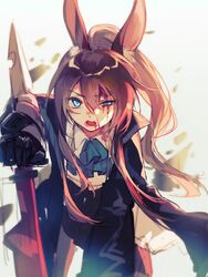  amiya_(arknights) amiya_(guard)_(arknights) animal_ears arknights ascot blood blue_eyes brown_hair female highres jacket long_hair long_sleeves official_alternate_costume open_mouth ponytail rabbit_ears solo sword weapon yunweishukuang 