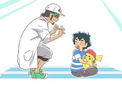  2boys baseball_cap black_hair closed_eyes djmn_c green_footwear grey_pants hat kukui_(pokemon) lab_coat multiple_boys no_headwear pants pikachu pokemon pokemon_(anime) pokemon_(creature) pokemon_sm_(anime) rainbow_print satoshi_(pokemon) shirt shoes sitting sneakers source_request spiked_hair striped_clothes striped_shirt tongue tongue_out 