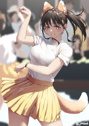  animal_ears aya_(jonsun) blurry blurry_background breasts fake_animal_ears fake_tail female jonsun kitsune_dance looking_at_viewer medium_breasts original pleated_skirt ponytail shirt short_hair short_sleeves skirt smile solo_focus tail thighs twitter_username white_shirt yellow_eyes yellow_skirt 