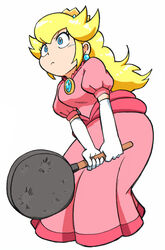  :&lt; bad_id bad_pixiv_id blonde_hair blue_eyes breasts crown dress earrings elbow_gloves female frying_pan full_body gloves highres holding holding_frying_pan jewelry junnosu long_dress long_hair mario_(series) pink_dress princess_dress princess_peach simple_background solo sphere_earrings super_mario_rpg white_background 