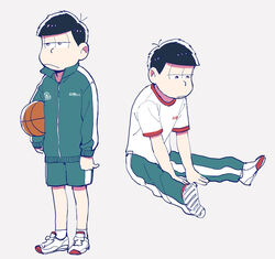  1boy 5plus5 :&lt; :| ankle_socks aqua_jacket aqua_pants aqua_shorts arms_at_sides ball basketball basketball_(object) between_legs closed_mouth collared_jacket commentary_request expressionless from_side full_body grey_background gym_shorts gym_uniform half-closed_eyes hand_between_legs holding holding_ball jacket long_sleeves looking_away looking_down male_focus matsuno_ichimatsu md5_mismatch multiple_views osomatsu-kun osomatsu-san osomatsu_(series) pants popped_collar purple_eyes shirt shoe_soles shoes short_sleeves shorts simple_background sitting sneakers socks standing track_jacket track_pants white_footwear white_shirt white_socks 