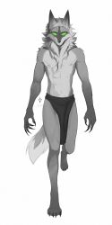  4_toes 5_toes absurd_res anthro athletic athletic_anthro athletic_male biceps biped canid canine canis character_name_malcolm_wolf claws clothed clothing feet fur green_eyes hi_res looking_at_viewer male mammal maned_wolf monochrome navel pecs shirtless_anthro shirtless_male solo tail toe_claws toes underwear underwear_only unknown_artist wolf 