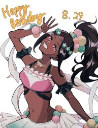  bare_shoulders bracelet brown_hair candy_hair_ornament crop_top dark-skinned_female dark_skin dated eyeliner eyeshadow female fire_emblem fire_emblem_engage food-themed_hair_ornament hair_ornament happy_birthday jewelry long_hair looking_at_viewer makeup midriff navel oda32t open_mouth pearl_belt pearl_bracelet pearl_hair_ornament pink_eyeliner pink_eyeshadow ponytail smile solo star-shaped_pupils star_(symbol) symbol-shaped_pupils timerra_(fire_emblem) 