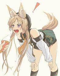  ! 1other animal_ear_fluff animal_ears arknights bare_shoulders bent_over black_hat black_shirt black_socks blonde_hair cardigan_(arknights) character_request check_character cowboy_shot cross-laced_clothes cross-laced_skirt detached_sleeves dog_ears dog_girl dog_tail etoyou3333 female food green_skirt grey_background hands_on_own_knees hat highres holding holding_food holding_ice_cream ice_cream kneehighs long_hair long_sleeves looking_at_food miniskirt neckerchief open_mouth orange_neckerchief out_of_frame purple_eyes shirt simple_background skirt sleeveless sleeveless_shirt socks standing tail tail_raised white_sleeves yellow_tail 