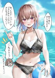  2girls :o ass_visible_through_thighs ball bare_arms beach beachball black_bow blank_eyes blue_sky bow breasts brown_hair chibi chibi_inset cleavage cloud collarbone commentary_request day hawawa-chan&#039;s_sister_(shiro_kuma_shake) hawawa-chan_(shiro_kuma_shake) highres holding holding_ball holding_beachball medium_breasts medium_hair multiple_girls navel ocean open_mouth original outdoors purple_hair red_eyes sirokuma_shake sky smile solo_focus standing translation_request v-shaped_eyebrows wet 