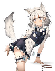  absurdres animal_ears apron arm_support black_bow black_dress black_ribbon blush bow braid closed_mouth collared_dress dog_ears dog_tail dress extra_ears female frilled_cuffs frilled_dress frilled_thigh_strap frills grey_eyes hair_between_eyes hairbow highres inu_sakuya_(nejikirio) izayoi_sakuya maid maid_apron maid_headdress pocket_watch puffy_short_sleeves puffy_sleeves ribbon short_hair_with_long_locks short_sleeves signature simple_background solo standing tail thigh_strap touhou twin_braids unworn_collar watch white_apron white_background white_hair wrist_cuffs ycl_090 