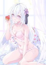  :t absurdres angel_wings armpit_crease azusa_(blue_archive) black_ribbon blue_archive blush bow bow_panties bra breasts cake cake_slice cleavage closed_mouth commentary_request crossed_bangs curtains eyelashes feet_out_of_frame female floral_print flower food frilled_bra frilled_panties frills fruit hair_between_eyes hair_flower hair_intakes hair_ornament hair_ribbon halo hand_up highres holding holding_food indoors leaning_forward licking_lips long_hair looking_at_viewer low_wings medium_breasts navel panties pink_bow pink_bra pink_panties print_bra print_panties purple_eyes purple_flower ribbon rose_print shirai_soushichi side-tie_panties sitting smile solo stomach straight_hair strap_slip strawberry tongue tongue_out underwear underwear_only very_long_hair wariza white_hair white_wings wings yellow_halo 