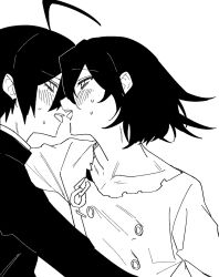  2boys ahoge black_hair blush buttons collarbone danganronpa_(series) danganronpa_v3:_killing_harmony eyelashes flipped_hair from_side greyscale hair_between_eyes highres imminent_kiss jacket long_sleeves male_focus monochrome multiple_boys oma_kokichi open_mouth profile saihara_shuichi short_hair simple_background smile straitjacket sweat upper_body white_background yaoi youuthu 