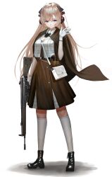  absurdres alternate_costume bag bandaid bandaid_on_knee bandaid_on_leg battle_rifle black_footwear blonde_hair boots breasts brown_skirt cleavage closed_mouth clothing_request commentary expressionless female full_body g3_(girls&#039;_frontline) ganet_p girls&#039;_frontline gloves gun h&amp;k_g3 hand_up headgear highres holding holding_gun holding_weapon long_hair looking_at_viewer purple_eyes rifle shoulder_bag simple_background skirt socks solo weapon white_background white_bag white_gloves white_socks 