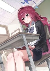  alternate_costume black_skirt blue_archive blue_halo book cardigan chair classroom desk female grey_cardigan grey_eyes grey_ribbon halo highres holding holding_book iroha_(blue_archive) red_hair school_desk school_uniform shirt skirt solo thighs white_shirt y91210666 