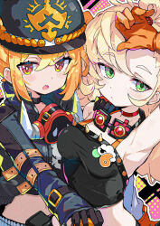  2girls arm_up armpits black_gloves black_jacket black_shirt blonde_hair blush breasts commentary_request crossed_bangs gloves goggles goggles_around_neck green_eyes hair_between_eyes helmet highres jacket long_sleeves looking_at_viewer luciana_de_montefio mask mask_around_neck medium_breasts midriff multiple_girls navel omochishiki open_mouth orange_gloves pickelhaube piper_wheel red_eyes shirt side_ponytail stomach zenless_zone_zero 