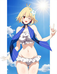  arcueid_brunestud bare_shoulders bikini blonde_hair blue_sky breasts cloud cloudy_sky cowboy_shot fate/grand_order fate_(series) female flower hair_flower hair_ornament highres large_breasts navel one_eye_closed open_mouth red_eyes short_hair sky solo stomach sun swimsuit thighs tsukihime u_hasumi69 v white_bikini 