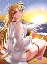  beach bikini black_bikini blonde_hair breasts closed_mouth commentary_request fate_testarossa female highres large_breasts long_hair looking_at_viewer lyrical_nanoha mahou_shoujo_lyrical_nanoha_strikers ocean outdoors red_eyes sitting smile solo sougetsu_izuki swimsuit thighs unworn_eyewear very_long_hair 