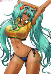  aqua_eyes aqua_hair bikini bracelet brazilian_miku breasts dark-skinned_female dark_skin earrings eyewear_on_head female flower hair_flower hair_ornament hatsune_miku highres jewelry kyopink long_hair navel shirt solo sunglasses swimsuit tan tanlines twintails vocaloid yellow_shirt 