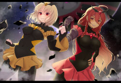  2girls ahoge bad_end_peace bad_end_peace_(cosplay) bad_end_sunny bad_end_sunny_(cosplay) black_bodysuit blonde_hair bodysuit braid breasts clenched_hands cosplay dark-skinned_female dark_skin fingerless_gloves frills gloves grin hand_on_own_hip kokubyaku_no_avesta letterboxed long_hair looking_at_viewer medium_breasts multiple_girls okina_(805197) orange_eyes precure prosthesis prosthetic_arm quinn_(kokubyaku_no_avesta) red_eyes red_hair red_skirt rubble samrukh_(kokubyaku_no_avesta) shaded_face shinza_bansho_series short_hair skirt smile smile_precure twin_braids wind wind_lift yellow_skirt 