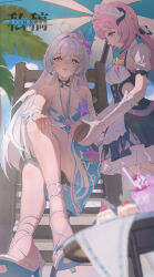  2girls ahoge apron bare_legs bare_shoulders beach beach_chair beach_umbrella bikini black_bikini blue_dress blue_eyes blue_sky breasts cake cleavage clothing_cutout coconut commission crossed_legs dress drinking_straw earrings elf elysia_(honkai_impact) elysia_(miss_pink)_(honkai_impact) elysia_(miss_pink_elf)_(honkai_impact) fake_horns food fruit holding holding_food holding_fruit honkai_(series) honkai_impact_3rd horns jewelry kiana_kaslana kiana_kaslana_(herrscher_of_the_void) kiana_kaslana_(parasol_kaiserin) kosaka_kaslana large_breasts long_hair looking_at_viewer maid maid_apron maid_headdress multiple_girls on_chair pink_hair pointy_ears sandals side_cutout sky starfish_hair_ornament summer swimsuit umbrella white_apron white_hair yellow_eyes 