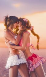  2girls aerith_gainsborough aerith_gainsborough_(pink_mermaid) beach bikini bikini_skirt black_hair braid braided_ponytail brown_hair evening final_fantasy final_fantasy_vii final_fantasy_vii_rebirth final_fantasy_vii_remake flower frilled_bikini frilled_bikini_top frills hair_flower hair_ornament highres imminent_kiss microskirt multiple_girls official_alternate_costume official_alternate_hairstyle pink_bikini ria_(baka-neearts) skirt smile swimsuit tifa_lockhart tifa_lockhart_(shining_spirit) yuri 