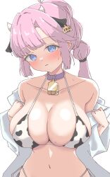  :3 ahoge alternate_costume animal_ears animal_print anyoji_hime bell bikini black_ribbon blue_eyes blunt_bangs blush breasts closed_mouth collarbone commentary cow_ears cow_horns cow_print cow_print_bikini cowbell female hair_ribbon head_tilt highres horns jacket large_breasts link!_like!_love_live! long_hair looking_at_viewer love_live! multi-tied_hair navel neck_bell open_clothes open_jacket pink_hair ponytail print_bikini ribbon rokoroko_65 sidelocks solo stomach string_bikini sweat swept_bangs swimsuit upper_body virtual_youtuber white_bikini white_jacket 