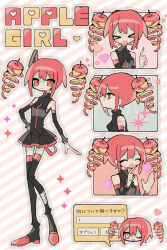  &gt;_&lt; ^_^ apple apple_peel bare_shoulders black_footwear black_shirt black_skirt black_sleeves boots closed_eyes contrapposto detached_hair detached_sleeves drill_hair female food food-themed_hair fruit full_body hand_on_own_hip hand_up hands_up heart highres index_finger_raised kasane_teto looking_at_viewer multiple_views okashira_moppu one_eye_closed open_mouth profile red_eyes red_hair red_trim shirt skirt sleeveless sleeveless_shirt standing striped_background thigh_boots thighhighs twin_drills upper_body utau zettai_ryouiki 