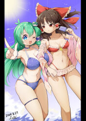  2girls arm_between_breasts between_breasts bikini blue_bikini blue_eyes blue_sky bow breasts brown_hair cleavage closed_mouth commentary_request dated day detached_sleeves eating food frilled_bikini frilled_bow frilled_hair_tubes frills frog_hair_ornament futa_(nabezoko) green_hair hair_ornament hair_tubes hairbow hakurei_reimu highres holding holding_another&#039;s_arm holding_food holding_popsicle kochiya_sanae long_hair looking_at_another midriff multiple_girls navel ocean one_eye_closed open_mouth pointing popsicle red_bikini red_bow red_eyes signature sky smile sun swimsuit thigh_strap thighs touhou very_long_hair water 