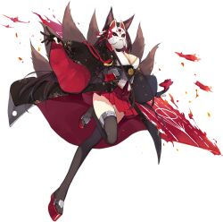  akagi_(azur_lane) animal_ears azur_lane black_hair breasts cleavage eyeliner female fingerless_gloves flight_deck fox_ears fox_mask fox_tail full_body gloves hao_(patinnko) highres japanese_clothes large_breasts long_hair makeup mask masked multiple_tails non-web_source official_art parted_lips platform_footwear pleated_skirt red_eyeliner red_eyes shikigami skirt smile solo tachi-e tail transparent_background 