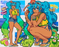  aqua_eyes aqua_hair bikini bikini_under_clothes brazilian_flag brazilian_miku dark-skinned_female dark_skin exposed_pocket female flip-flops guarana_antarctica hatsune_miku havaianas highres kiwii_line kiwiimino portuguese_commentary sandals snack sunglasses swimsuit tan tanlines thicc_line 