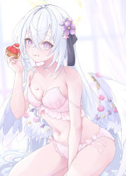  :t absurdres angel_wings armpit_crease azusa_(blue_archive) black_ribbon blue_archive blush bow bow_panties bra breasts cake cake_slice cleavage closed_mouth commentary_request cowboy_shot crossed_bangs curtains eyelashes female floral_print flower food frilled_bra frilled_panties frills fruit hair_between_eyes hair_flower hair_intakes hair_ornament hair_ribbon halo hand_up highres holding holding_food indoors leaning_forward licking_lips long_hair looking_at_viewer low_wings medium_breasts navel panties pink_bow pink_bra pink_panties print_bra print_panties purple_eyes purple_flower ribbon rose_print shirai_soushichi side-tie_panties smile solo stomach straight_hair strap_slip strawberry tongue tongue_out underwear underwear_only very_long_hair white_hair white_wings wings yellow_halo 