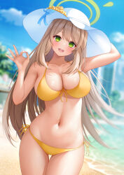  :d arm_up bare_arms beach belly bikini blue_archive blue_ribbon blue_sky blurry blurry_background blush breasts brown_hair cleavage cloud collarbone commentary contrapposto cowboy_shot day female flower front-tie_bikini_top front-tie_top green_eyes hair_between_eyes halo hand_up hat hat_flower head_tilt highres large_breasts light_brown_hair long_hair looking_at_viewer meyrink navel nonomi_(blue_archive) nonomi_(swimsuit)_(blue_archive) ocean official_alternate_costume ok_sign open_mouth outdoors revision ribbon sand side-tie_bikini_bottom sky smile standing straight_hair sunlight swimsuit thigh_gap very_long_hair water yellow_bikini 