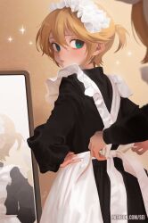  1boy apron black_dress blue_eyes crossdressing dress female frilled_apron frills hair_between_eyes hand_on_own_hip highres kagamine_len kagamine_rin light_blush looking_back maid maid_apron maid_headdress mirror open_mouth otoko_no_ko out_of_frame parted_lips patreon_username sei_(sei-00) short_hair short_ponytail solo_focus sparkle vocaloid white_apron 