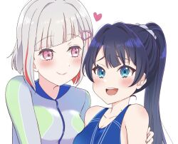  2girls :d asymmetrical_docking bad_id bad_twitter_id blue_eyes blue_hair blue_one-piece_swimsuit blue_scrunchie blush bob_cut bodysuit breast_press breasts casual_one-piece_swimsuit cleavage closed_mouth collarbone colored_inner_hair commentary dark_blue_hair diagonal_bangs diving_suit grey_hair hair_ornament hair_scrunchie hairclip heart high_ponytail inverted_bob link!_like!_love_live! long_hair love_live! medium_breasts mole mole_on_neck multicolored_hair multiple_girls murano_sayaka noanekosan official_alternate_costume official_alternate_hairstyle one-piece_swimsuit open_mouth pink_eyes ponytail red_hair scrunchie short_hair simple_background smile split_mouth springsuit streaked_hair swimsuit upper_body virtual_youtuber wetsuit white_background yugiri_tsuzuri 