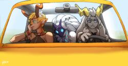  2023 2_horns accessory anthro antlers battlerite blonde_hair blossom_(battlerite) blue_eyes blue_markings bovid brown_antlers button_(fastener) capelet caprine car closed_eyes clothed clothed_anthro clothed_female clothing colored deer digital_drawing_(artwork) digital_media_(artwork) driving ear_markings eyebrows faun female female_anthro floppy_ears flower flower_in_hair frown fur fur_markings goat green_eyes grey_body grey_fur grey_hair group hair hair_accessory hair_ring horn inside_car jackalope kindred_(lol) lagomorph lamb_(lol) league_of_legends leporid lop_ears mammal markings mask orange_body orange_fur plant pseudoregalia rabbit riot_games ruttinren shaded sleeping sound_effects sybil_(pseudoregalia) tan_body tan_fur tencent thick_eyebrows topwear trio vehicle vest vowelless vowelless_sound_effect wearing_mask white_body white_capelet white_fur white_hair wingding_eyes yellow_antlers yellow_car zzz 