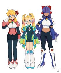  3girls absurdres alia_(mega_man) alternate_costume arms_up blonde_hair breasts dark-skinned_female dark_skin full_body hair_over_eyes hair_over_one_eye highres large_breasts layer_(mega_man) medium_hair mega_man_(series) mega_man_x_(series) midriff mole mole_under_eye multiple_girls navel pallette_(mega_man) purple_hair simple_background small_breasts standing touhou3939 twintails white_background 