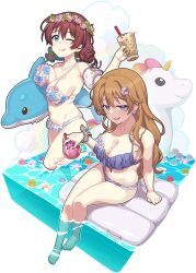  2girls bare_shoulders barefoot bikini blue_eyes body_freckles braid breasts brown_hair cloud cup dolphin drinking_straw earrings emma_verde flower freckles full_body green_nails hair_between_eyes hair_ornament hairclip head_wreath heart heart_earrings holding holding_cup inflatable_raft inflatable_toy jewelry konoe_kanata large_breasts long_hair looking_at_viewer love_live! love_live!_nijigasaki_high_school_idol_club multiple_girls nail_polish navel one_eye_closed orange_hair polka_dot polka_dot_swimsuit purple_eyes purple_nails sitting smile swimsuit tongue tongue_out transparent_background twin_braids twintails unicorn waste-man water white_background 