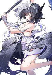  absurdres black_hair black_wings blue_eyes commentary_request dress feet_out_of_frame female flower foot_up from_side hair_flower hair_ornament highres holding holding_scythe honkai_(series) honkai_impact_3rd kamishiro_noa low_wings open_mouth prototype_design scythe seele_vollerei seele_vollerei_(herrscher_of_rebirth) short_hair simple_background sleeveless sleeveless_dress solo white_background white_dress white_flower wings 