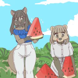  badger civet clothed clothing duo ekaki510 female feral food fruit japanese_badger kemono licking licking_lips mammal masked_palm_civet meles melon mustelid musteline palm_civet plant tongue viverrid watermelon watermelon_slice 