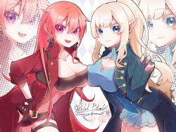  2girls blonde_hair blue_eyes blush bra breast_press breasts cleavage cleavage_cutout clothing_cutout coat coge_usa_daruma collared_coat cosplay dante_(devil_may_cry) dante_(devil_may_cry)_(cosplay) devil_may_cry_(series) earrings fingerless_gloves gloves high_ponytail highres hikanari_hina jewelry large_breasts long_hair long_sleeves looking_at_viewer multiple_girls oerba_yun_fang open_clothes open_coat open_mouth orange_hair phase_connect pink_eyes pointy_ears ponytail runie_ruse short_shorts shorts signature skirt stomach strapless strapless_bra symmetrical_docking thigh_strap underboob underwear vergil_(devil_may_cry) vergil_(devil_may_cry)_(cosplay) 